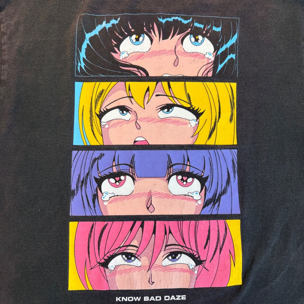 Know Bad Daze Crying Anime Faces Graphic Tee Black Cotton Shirt Men Large Y2K